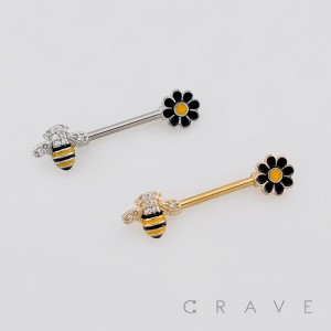 MULTI CZ BUMBLEBEE WITH A BLACK-AND-YELLOW ENAMEL DAISY 316L SURGICAL STEEL NIPPLE RING